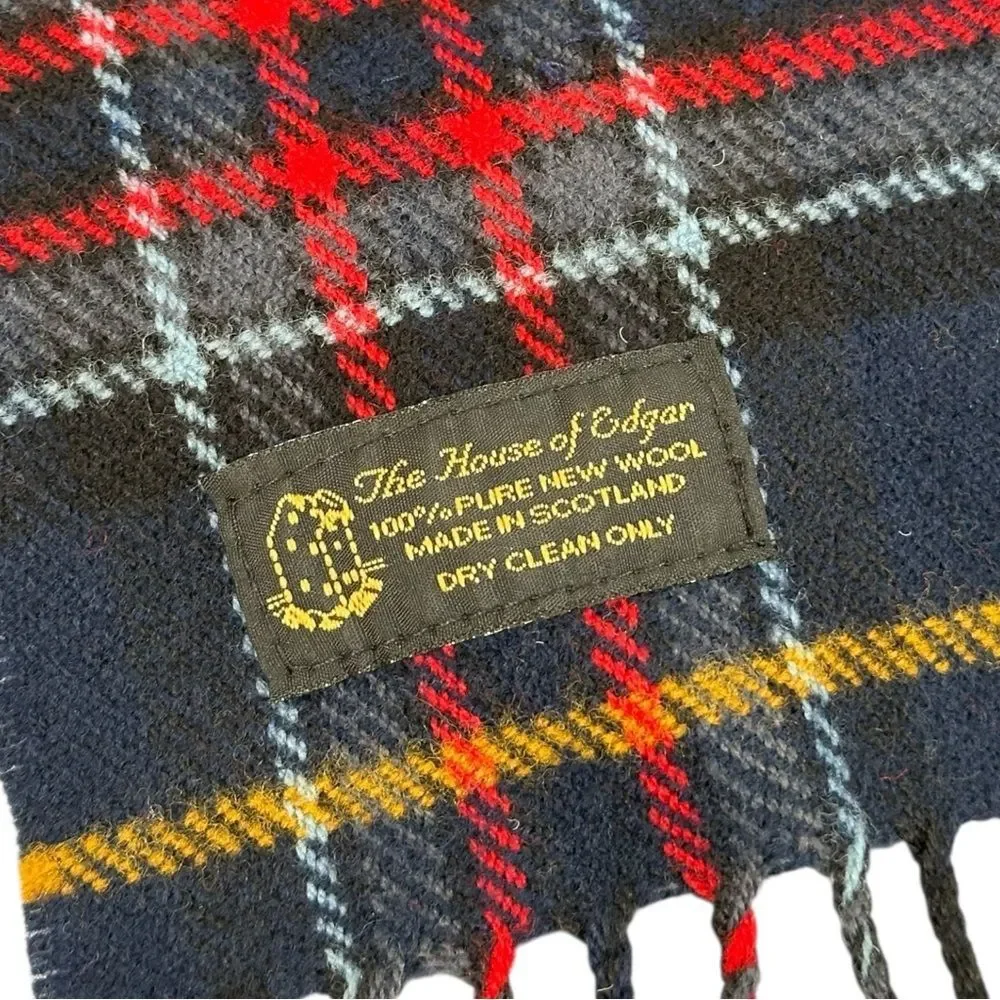 The House of Edgar Scottish Wool Navy Red Tartan Heritage Plaid Fringe Scarf New